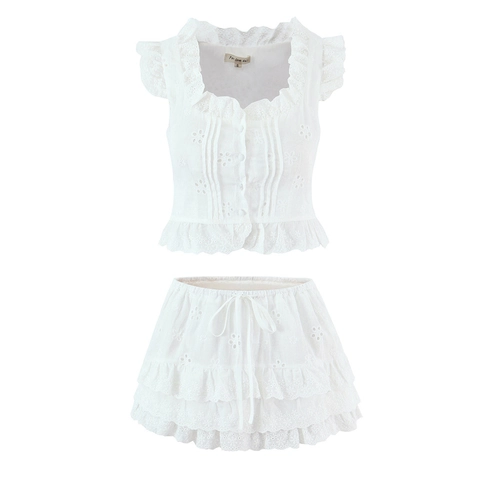 French Style White Eyelet Embroidery Outfit Ruffle Sleeve Crop Top And Tiered Cake Drawstring Mini Skirt Cotton Blend Set