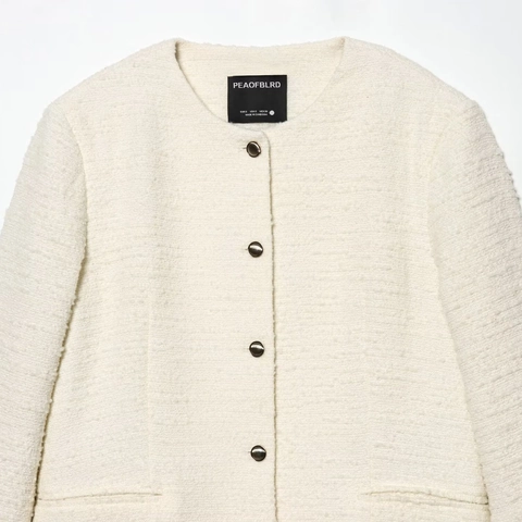 Women Elegant Tweed Jacket Round Neck Single Breasted Metal Button Blazer Cream White Textured Casual Long Sleeve Coat