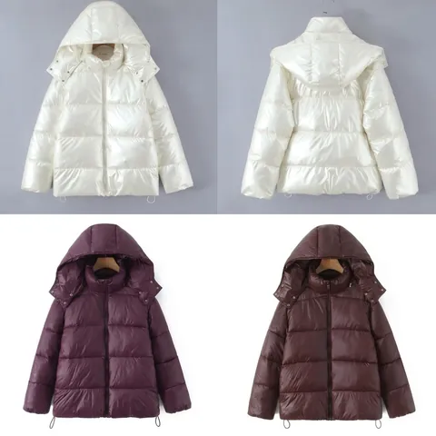 Chaqueta Acolchada Casual para Mujer Con Capucha Brillo Color Sólido Abrigo de Algodón Holgado Con Dobladillo Con Cordón Invierno