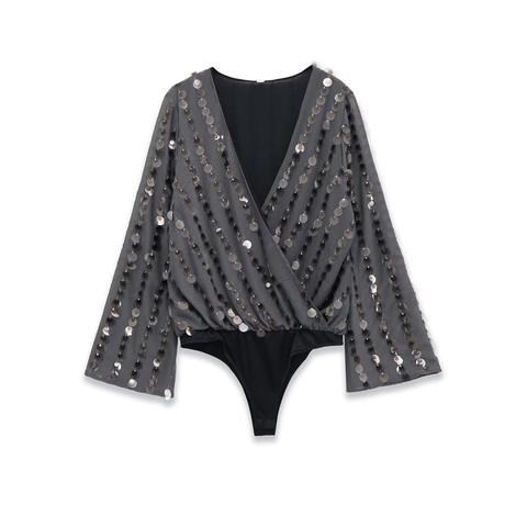 Bodysuit Femme Col en V à Paillettes Manches Évasées Patchwork Métallique Brillant Jumpsuit de Fête Club Élégant Slim Fit Mode Gris Foncé
