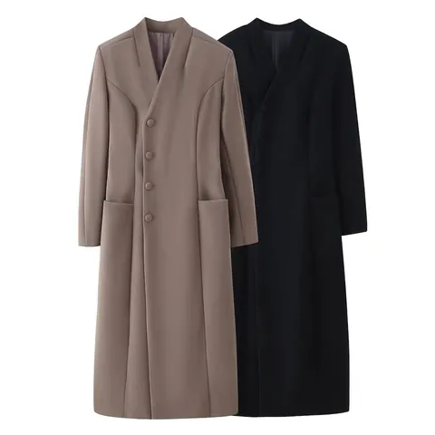 Abrigo Largo de Mezcla de Lana para Mujer Cuello Alto Botones Laterales Color Sólido Cálido Abrigo de Invierno Casual