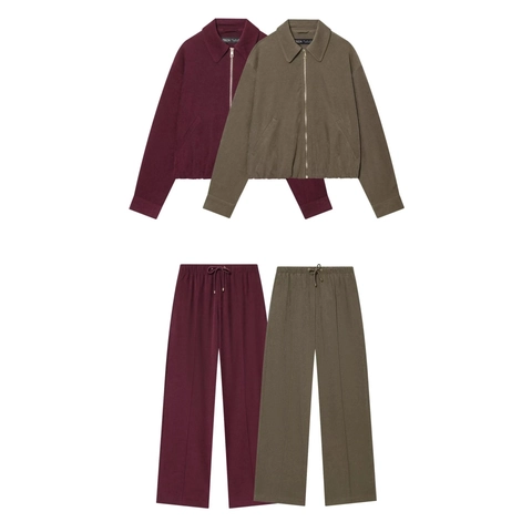 Damen Casual Vintage Cordjacke und Weites Bein Hose Set Einfarbig Reißverschluss Top Hohe Taille Kordelzug Zweiteiler Hose Set