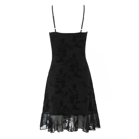 Abito Mini Nero Sexy Vintage Francese per Donna Scollo a V Profondo Orlo con Volant in Rete Senza Maniche con Spalline Sottili