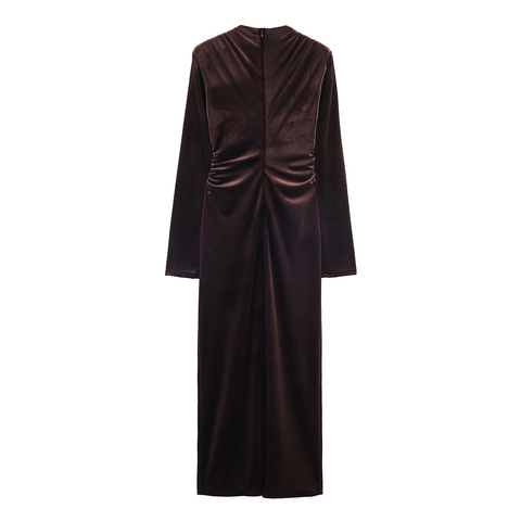 Elegante Vestido Largo de Terciopelo con Manga Larga para Mujer Cuello en V Fruncido Ajustado Vestido de Noche Otoño Color Sólido
