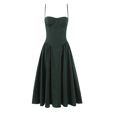 Abito Midi Con Spalline Sottili Poliestere Scollo A Cuore Vita A Corsetto Gonna A Ruota Cerniera Elegante Tinta Unita Donne
