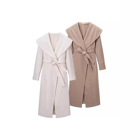 Damen Eleganter Großer Revers Extra Langer Wollmantel Mit Bindegürtel Einfarbiger Überzieher Für Herbst Winter Mode Oberbekleidung