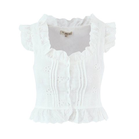 French Style White Eyelet Embroidery Outfit Ruffle Sleeve Crop Top And Tiered Cake Drawstring Mini Skirt Cotton Blend Set