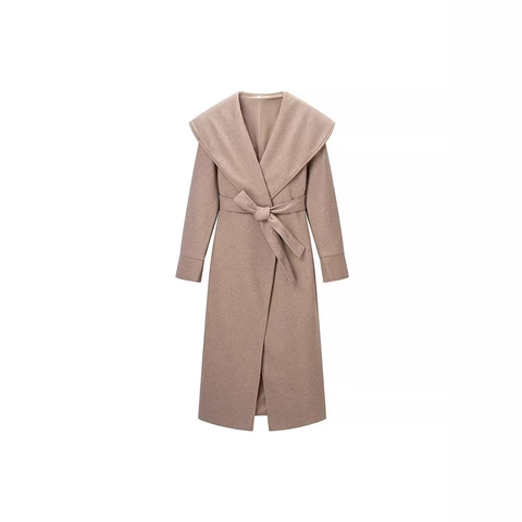 Damen Eleganter Großer Revers Extra Langer Wollmantel Mit Bindegürtel Einfarbiger Überzieher Für Herbst Winter Mode Oberbekleidung