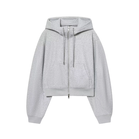 Women Casual Hooded Zipper Jacket Soft Warm Fluffy Sleeve Loose Fit Cropped Coat Light Gray Solid Color Outerwear