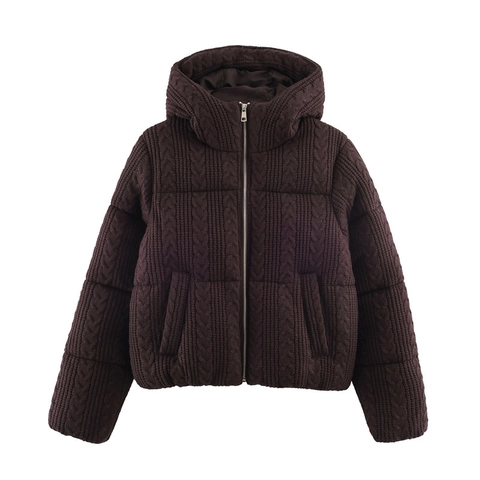 Dames Ruime Gewatteerde Jas Met Capuchon En Kabelgebreide Textuur Rits Lange Mouwen Casual Winter Warm Gevoerde Mantel Outwear