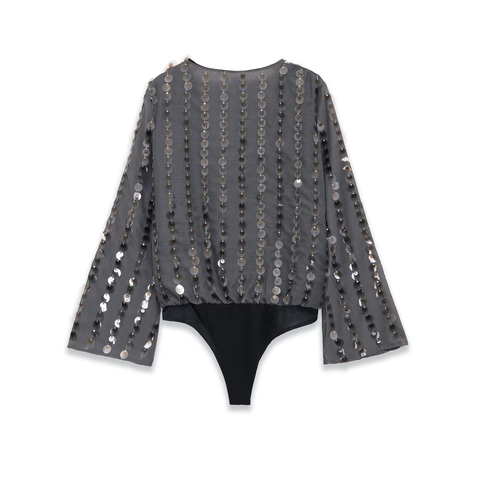 Bodysuit Femme Col en V à Paillettes Manches Évasées Patchwork Métallique Brillant Jumpsuit de Fête Club Élégant Slim Fit Mode Gris Foncé