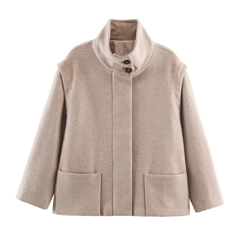 Damen Kurzer Wollmischung Hoher Kragen Mantel Jacke Verdeckte Knopfleiste Pattentaschen Lässige Oberbekleidung Winter Top