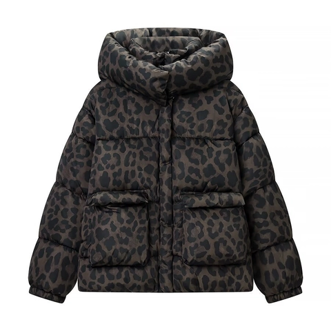 Doudoune à Capuche Imprimé Léopard Femme Hiver Manteau Rembourré Chaud Matelassé Coupe Ample Avec Poches Mode Streetwear Vêtements