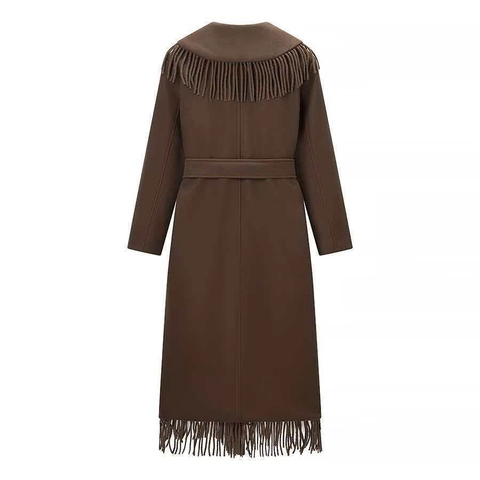 Abrigo Largo de Mezcla de Lana Elegante para Mujer con Adorno de Flecos Cordones Marrón Oscuro Abrigo de Lana Estilo Boho Otoño Invierno
