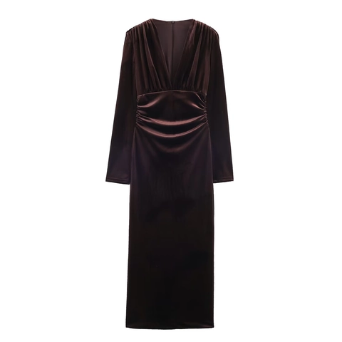 Elegante Vestido Largo de Terciopelo con Manga Larga para Mujer Cuello en V Fruncido Ajustado Vestido de Noche Otoño Color Sólido