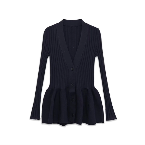 Dames Geribbelde Breisel Schootje Jurk V-hals Enkele Rij Knopen Lange Mouw Slanke Pasvorm Marineblauw Casual Elegante Mini Jurk
