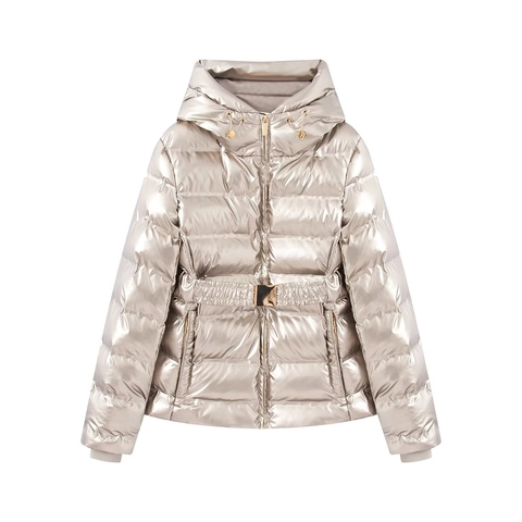 Women Metallic Shiny Hooded Padded Jacket Windproof Water Resistant Parka Coat With Belt Streetwear Fashion Outerwear