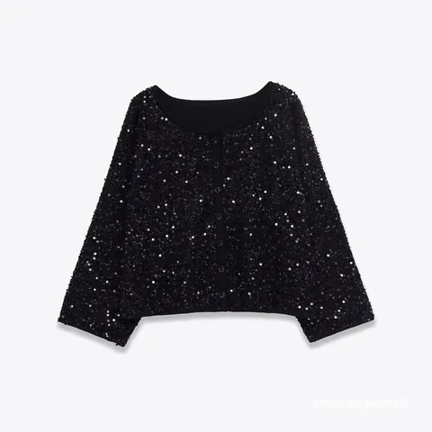 Damen Schwarz Pailletten Cardigan Rundhals Langarm Knöpfe Glänzend Jacke Für Party Abend Bankett Elegante Oberbekleidung