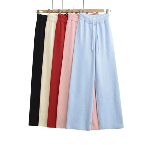 Pantaloni a Gamba Larga in Maglia a Vita Alta Donna Invernali Ispessiti Casual Con Coulisse Pantaloni Dritti Tinta Unita Caldi