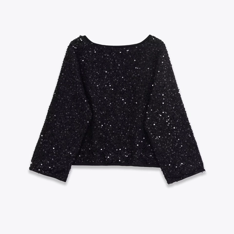 Damen Schwarz Pailletten Cardigan Rundhals Langarm Knöpfe Glänzend Jacke Für Party Abend Bankett Elegante Oberbekleidung