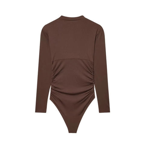 Women Sexy Deep Brown V Neck Long Sleeve Bodysuit With Gold Ring Decor Ruched Slim Fit Jumpsuit Fashion Body Top