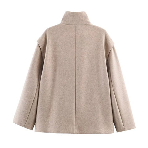 Damen Kurzer Wollmischung Hoher Kragen Mantel Jacke Verdeckte Knopfleiste Pattentaschen Lässige Oberbekleidung Winter Top