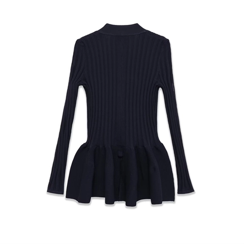 Dames Geribbelde Breisel Schootje Jurk V-hals Enkele Rij Knopen Lange Mouw Slanke Pasvorm Marineblauw Casual Elegante Mini Jurk