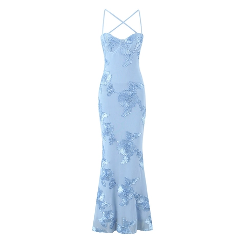 Women Elegant Light Blue 3D Flower Mesh Patchwork Fishtail Dress Spaghetti Strap Crisscross Back Evening Party Maxi Dress