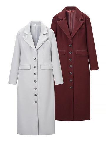 Elegant Women Extra Long Woolen Coat Solid Color Lapel Neck Single Breasted Overcoat With Pockets Slim Fit Winter Outerwear