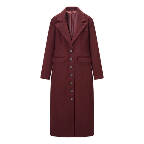 Elegant Women Extra Long Woolen Coat Solid Color Lapel Neck Single Breasted Overcoat With Pockets Slim Fit Winter Outerwear