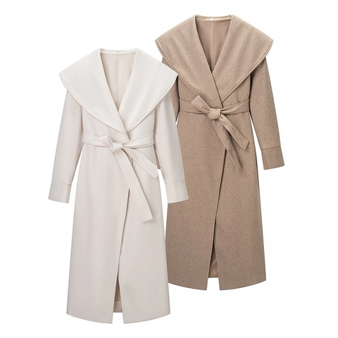 Damen Eleganter Langer Wollmantel Großes Revers Hüftgürtel Schlankmachend Einfarbig Lässig Langarm Mode Übermantel Oberbekleidung