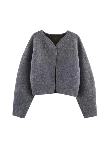 Cárdigan de Punto Gris Sólido para Mujer Casual Holgado Frente Abierto Corto Cuello Redondo Manga Larga Hombros Caídos Chaqueta