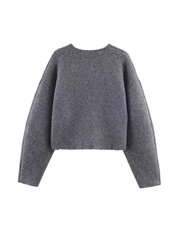 Cárdigan de Punto Gris Sólido para Mujer Casual Holgado Frente Abierto Corto Cuello Redondo Manga Larga Hombros Caídos Chaqueta