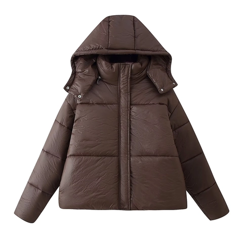 Chaqueta Acolchada con Capucha para Invierno de Mujer Gruesa Cálida Color Sólido Cremallera Manga Larga Abrigo Marrón