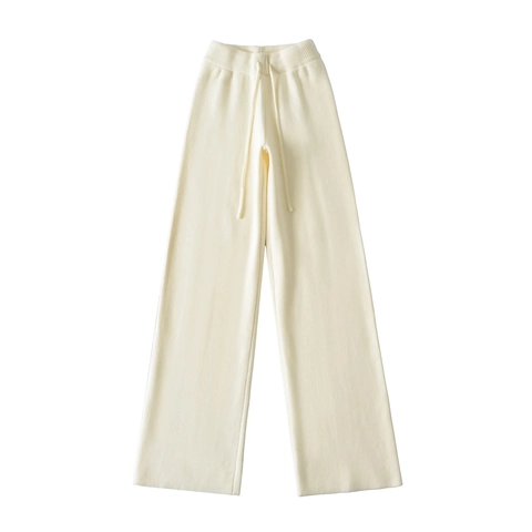 Pantaloni a Gamba Larga in Maglia a Vita Alta Donna Invernali Ispessiti Casual Con Coulisse Pantaloni Dritti Tinta Unita Caldi