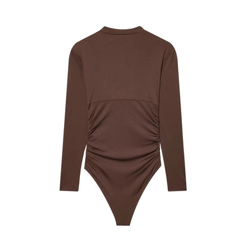 Damen Tiefer V-Ausschnitt Langarm Bodysuit Gerafft Slim Fit Dunkelbraun Einteiler Top Mit Goldener U-Metallschnalle