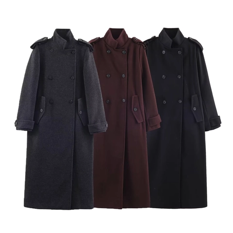 Dames Double-breasted Wollen Jas Met Opstaande Kraag Lange Trenchcoat Met Epauletten Oversized Herfst Winter Jas