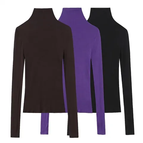Women High Neck Long Sleeve Solid Color Slim Fit T-Shirt Basic Cotton Blend Base Shirt Autumn Winter Top