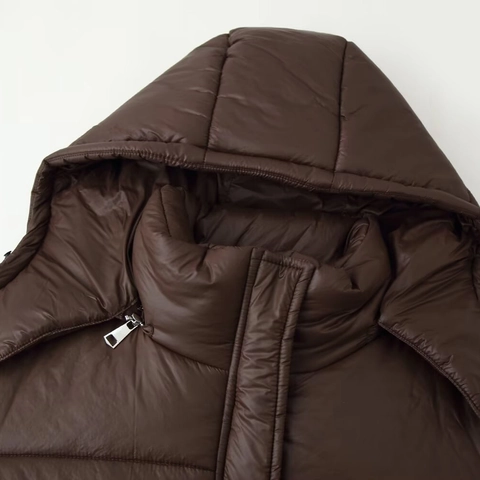 Chaqueta Acolchada con Capucha para Invierno de Mujer Gruesa Cálida Color Sólido Cremallera Manga Larga Abrigo Marrón