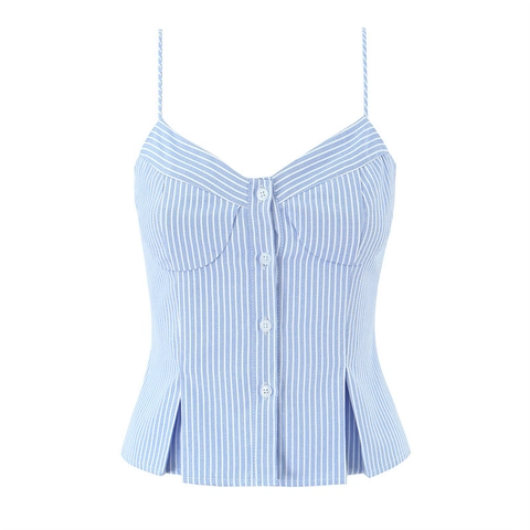 Women Sexy Striped Camisole Top Polyester Button Up Slim Fit Pleated Hem Backless Sweetheart Neck Summer Streetwear Vest
