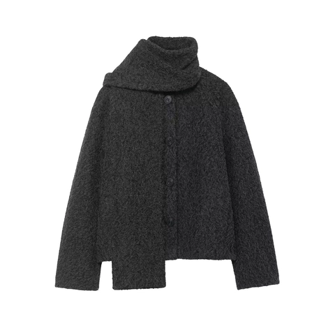 Women Fashion Short Woolen Coat With Scarf Neck Plush Texture Asymmetrical Hem Solid Color Streetwear Warm Winter Jacket