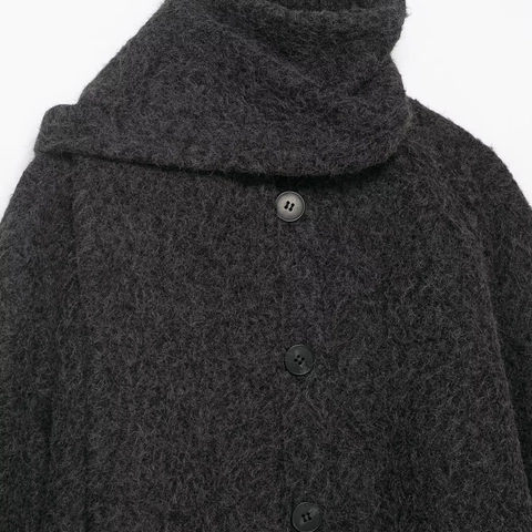 Women Fashion Short Woolen Coat With Scarf Neck Plush Texture Asymmetrical Hem Solid Color Streetwear Warm Winter Jacket