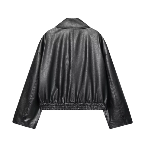 Women's Casual PU Leather Jacket Short Loose Moto Biker Coat Streetwear Solid Color Outwear With Buttons Lapel
