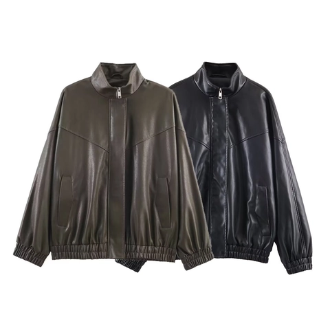 Women Faux Leather Bomber Jacket Stand Collar Pilot Jacket Long Sleeve Casual Zip Up Solid Color Outwear For Winter Fall