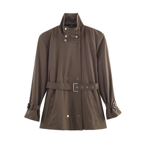 Damen Mode Braun Trenchcoat Hoher Stehkragen Mit Gürtel Casual Langarm Einreihig Windbreaker Outdoor Jacke