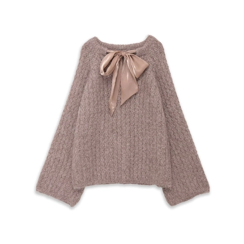Women's Casual Knit Pullover Sweater With Satin Ribbon Bow Decoration Long Sleeve Crew Neck Streetwear Fashion Jumper Oatmeal