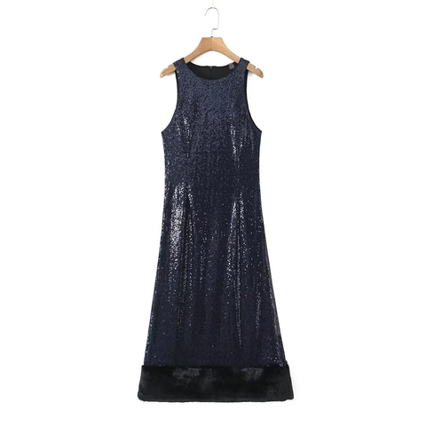 Dames Sexy Donkerblauw Pailletten Patchwork Maxi Jurk Mouwloos Ronde Hals Slim Fit Bodycon Avondfeest Faux Bont Zoom Jurk