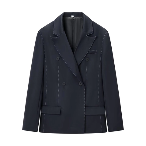 Dames Winter Street Fashion Marineblauwe Double Breasted Blazer Jas Met Witte Contraststiksels Lange Mouwen Pak Jas