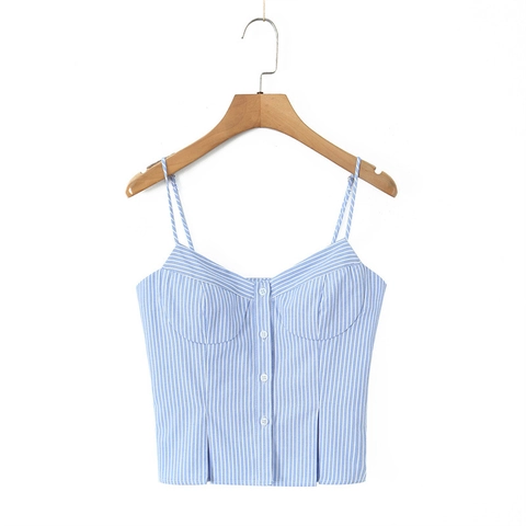 Women Sexy Striped Camisole Top Polyester Button Up Slim Fit Pleated Hem Backless Sweetheart Neck Summer Streetwear Vest