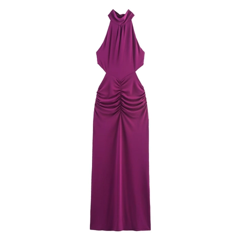Dames Sexy Halternek Maxi Jurk Met Geplooide Details En Uitsparingen Polyester Satijn Look Rugloos Avondfeest Bodycon Jurk Paars